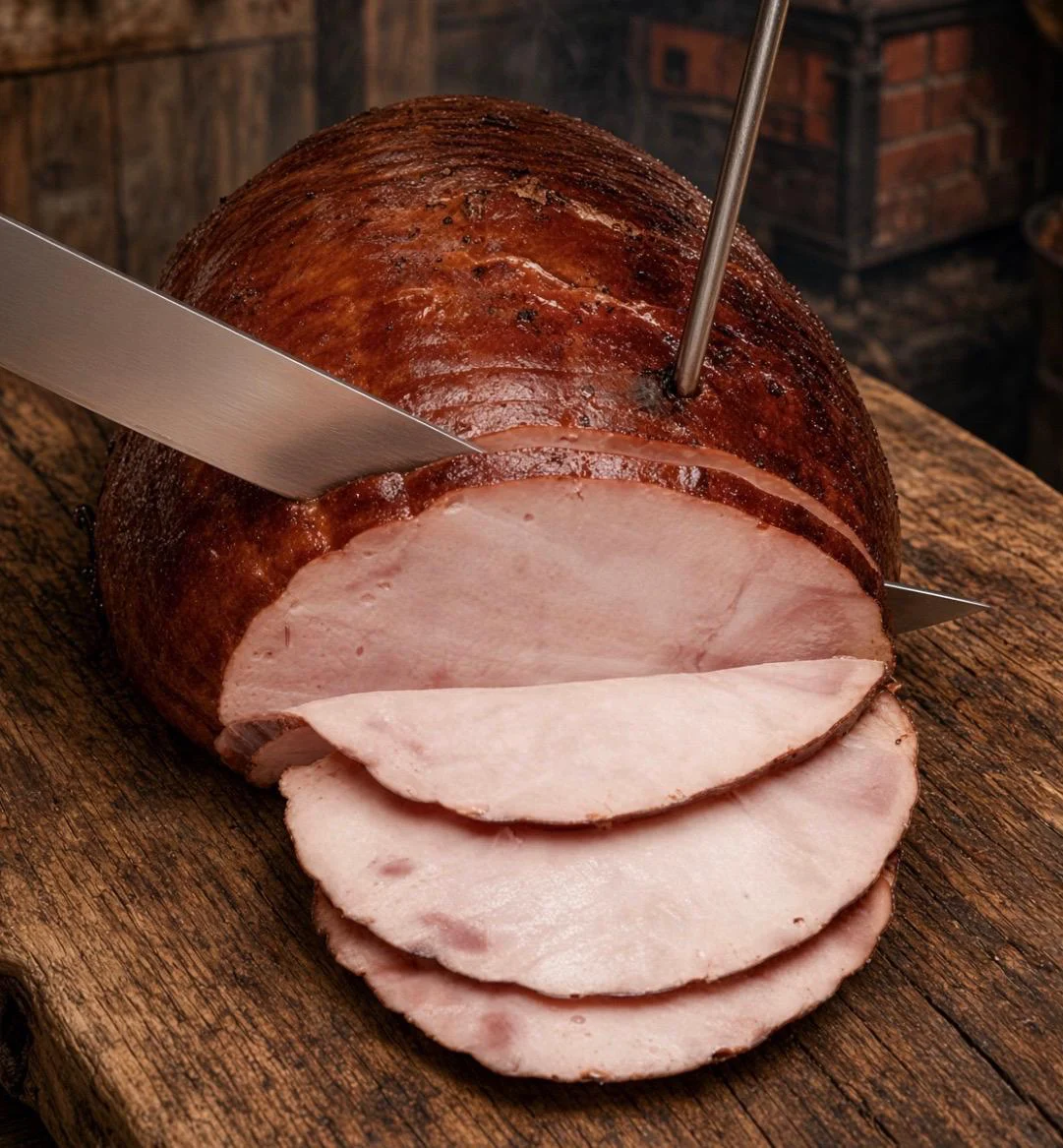 Sliced boneless smoked pit ham with a honey-mustard glaze