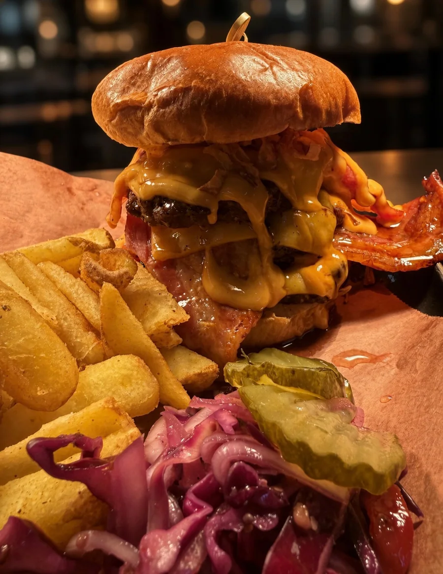 A towering Henry’s burger with cheese and fries