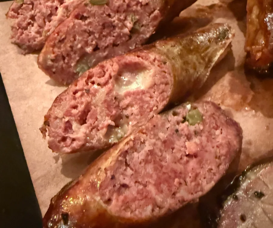Sliced Henry’s handmade Texas sausages filled with jalapeño and cheese